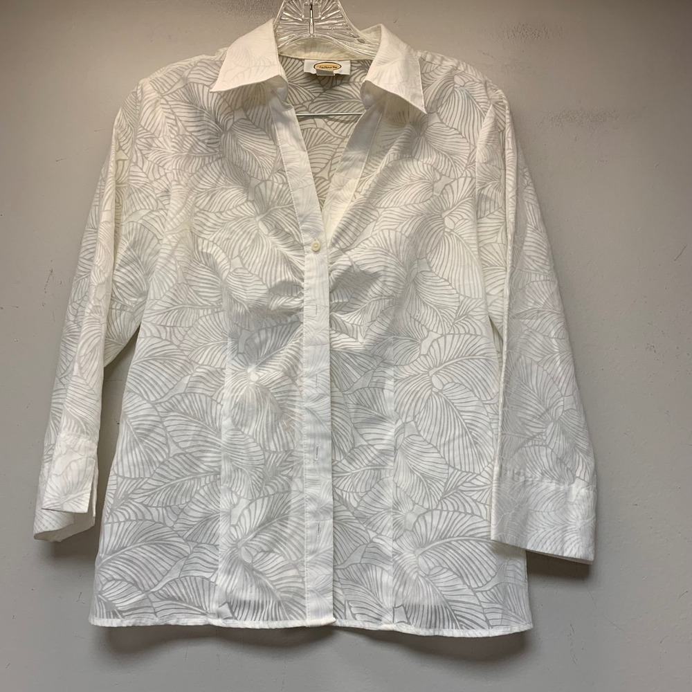 Talbots Button Down Shirt Womens 8 White Excellent Tropical Leaf Burnout Blouse